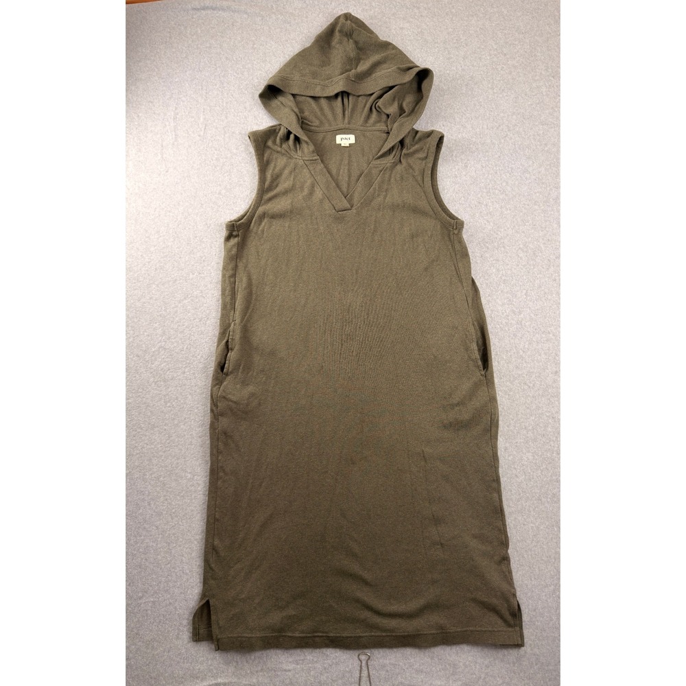 Pact Organic Cotton Sleeveless Hooded Dress Olive Green XL Pocketed Midi V-Neck
